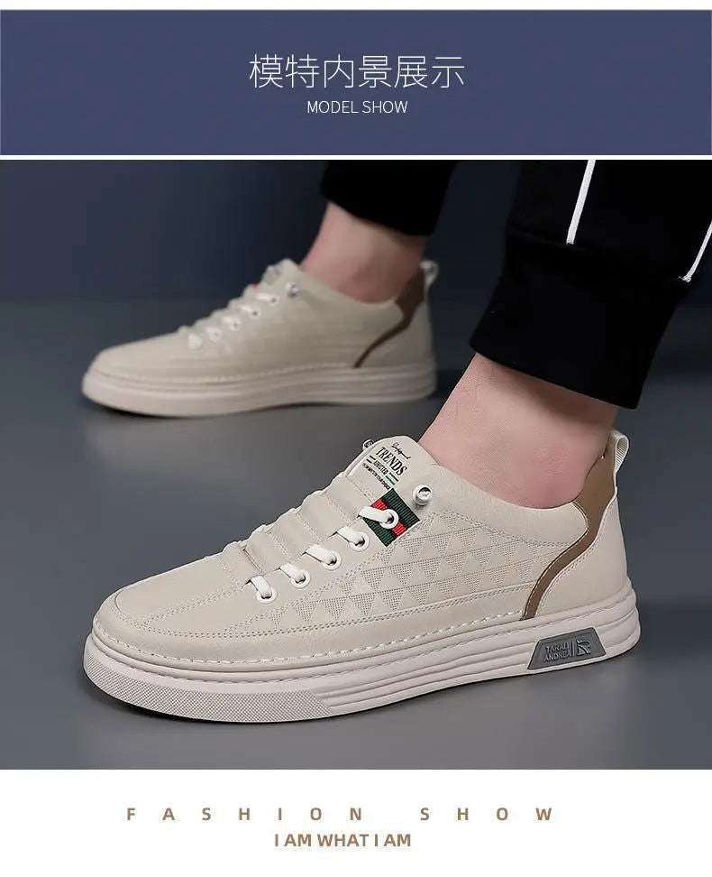 2024 New Trend Spring Men's Shoes Breathable Thin Soft Leather White Shoes Comfortable and Versatile Casual Board Shoes - olympicfangear