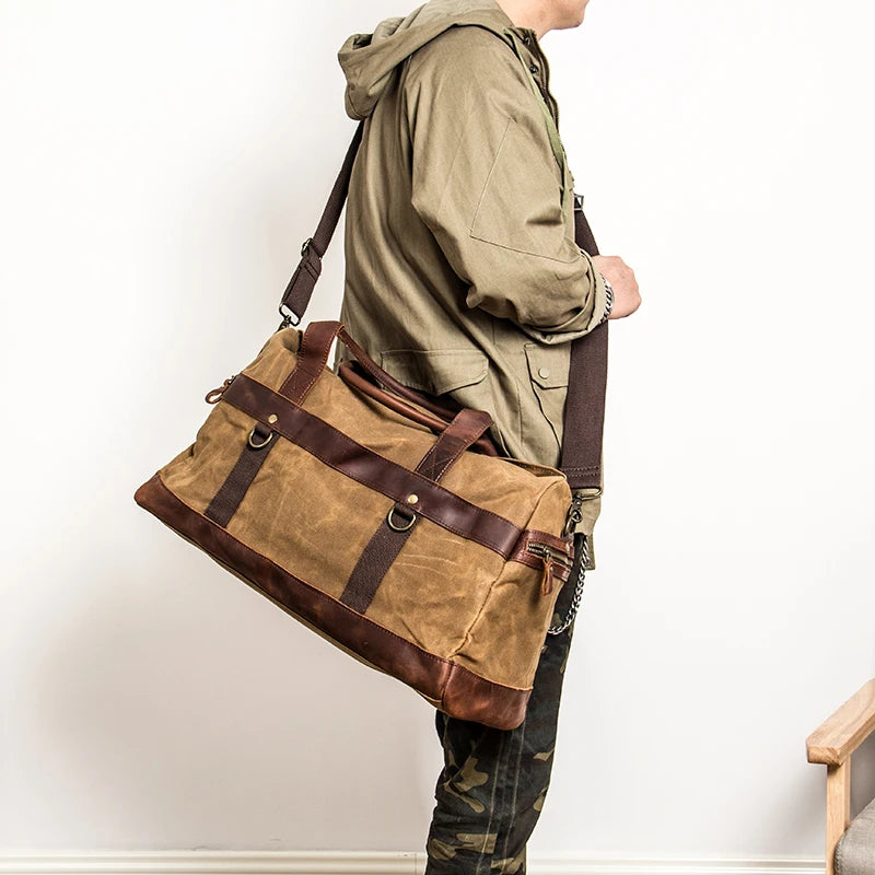 Genuine Leather Vintage Waxed Canvas Men's Travel Bag Large Duffel Weekend Overnight Carry-On Luggage - olympicfangear