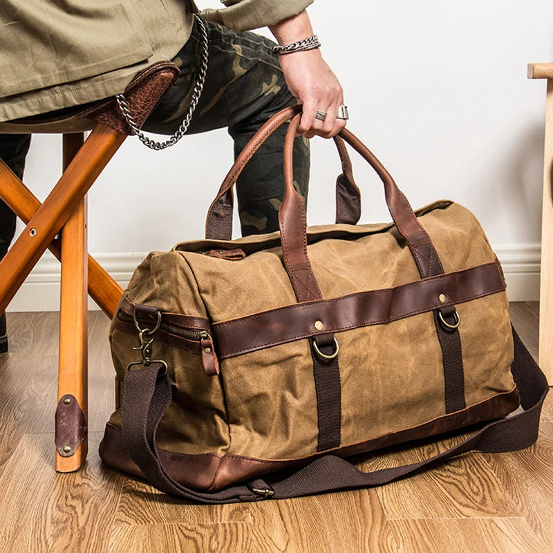 Genuine Leather Vintage Waxed Canvas Men's Travel Bag Large Duffel Weekend Overnight Carry-On Luggage