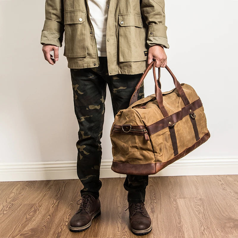 Genuine Leather Vintage Waxed Canvas Men's Travel Bag Large Duffel Weekend Overnight Carry-On Luggage - olympicfangear