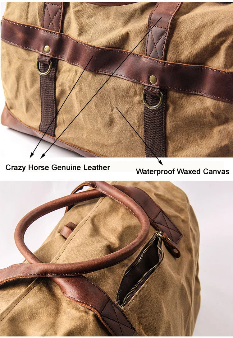 Genuine Leather Vintage Waxed Canvas Men's Travel Bag Large Duffel Weekend Overnight Carry-On Luggage - olympicfangear