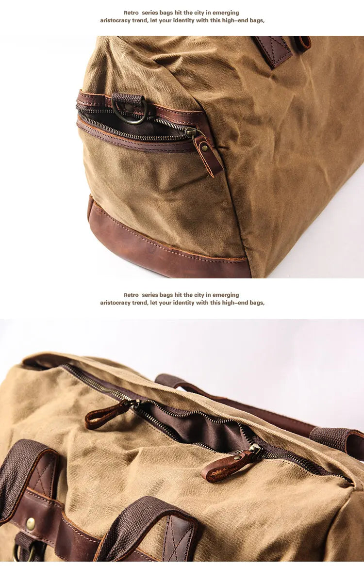 Genuine Leather Vintage Waxed Canvas Men's Travel Bag Large Duffel Weekend Overnight Carry-On Luggage - olympicfangear
