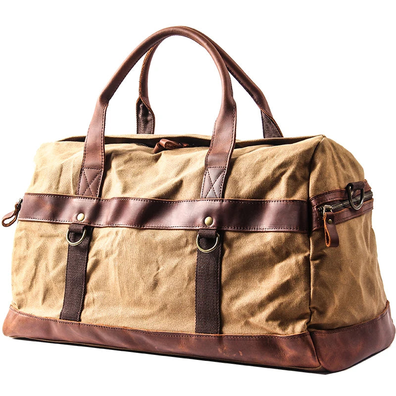 Genuine Leather Vintage Waxed Canvas Men's Travel Bag Large Duffel Weekend Overnight Carry-On Luggage - olympicfangear