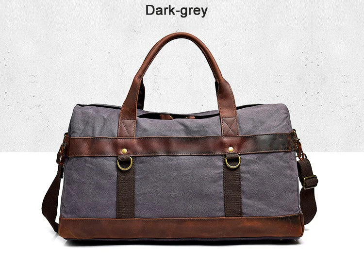 Genuine Leather Vintage Waxed Canvas Men's Travel Bag Large Duffel Weekend Overnight Carry-On Luggage - olympicfangear