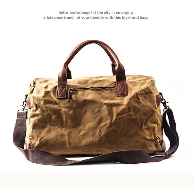 Genuine Leather Vintage Waxed Canvas Men's Travel Bag Large Duffel Weekend Overnight Carry-On Luggage - olympicfangear