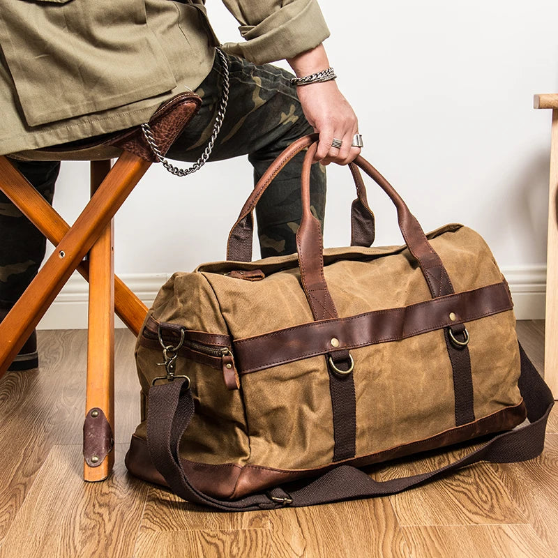 Genuine Leather Vintage Waxed Canvas Men's Travel Bag Large Duffel Weekend Overnight Carry-On Luggage