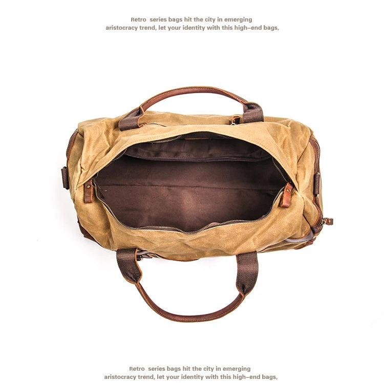Genuine Leather Vintage Waxed Canvas Men's Travel Bag Large Duffel Weekend Overnight Carry-On Luggage - olympicfangear
