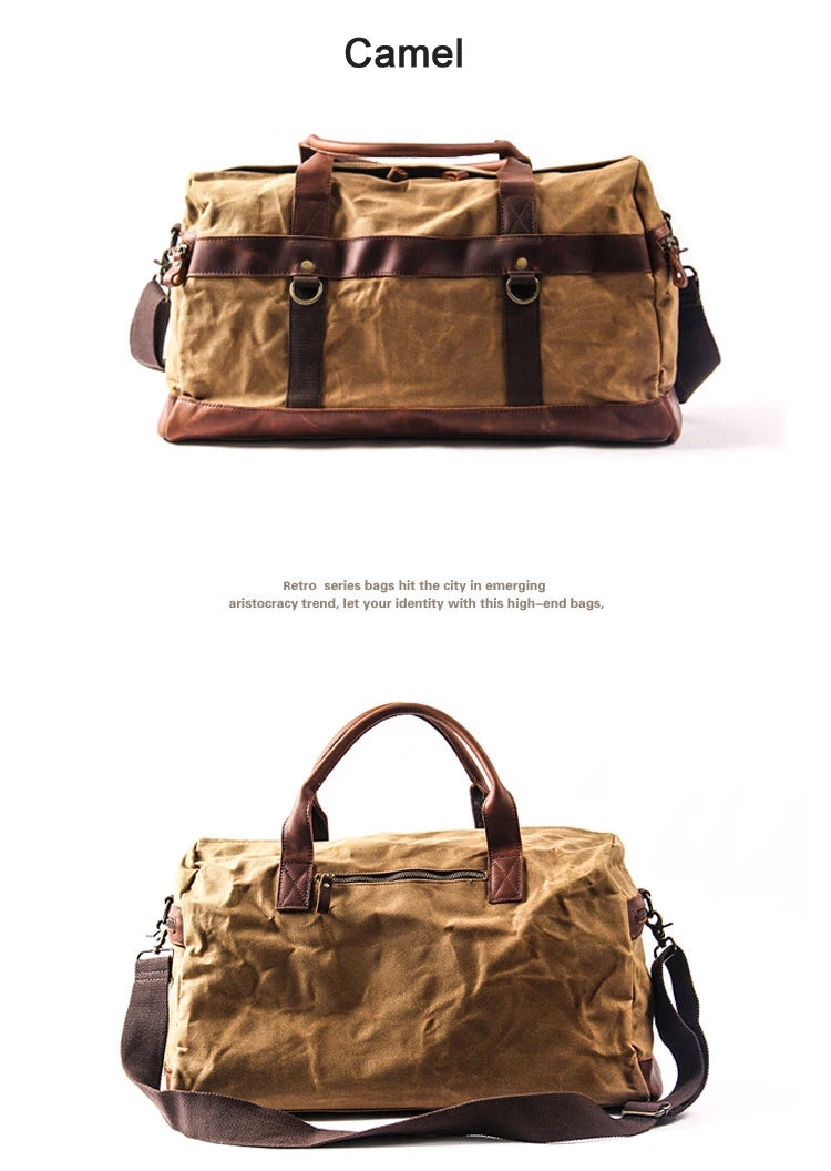 Genuine Leather Vintage Waxed Canvas Men's Travel Bag Large Duffel Weekend Overnight Carry-On Luggage - olympicfangear