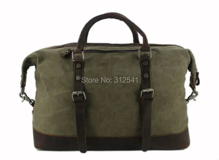 Vintage Military Canvas Leather Men's Travel Bag Large Weekend Overnight Duffel with Two Zipper Expansion Pockets - olympicfangear