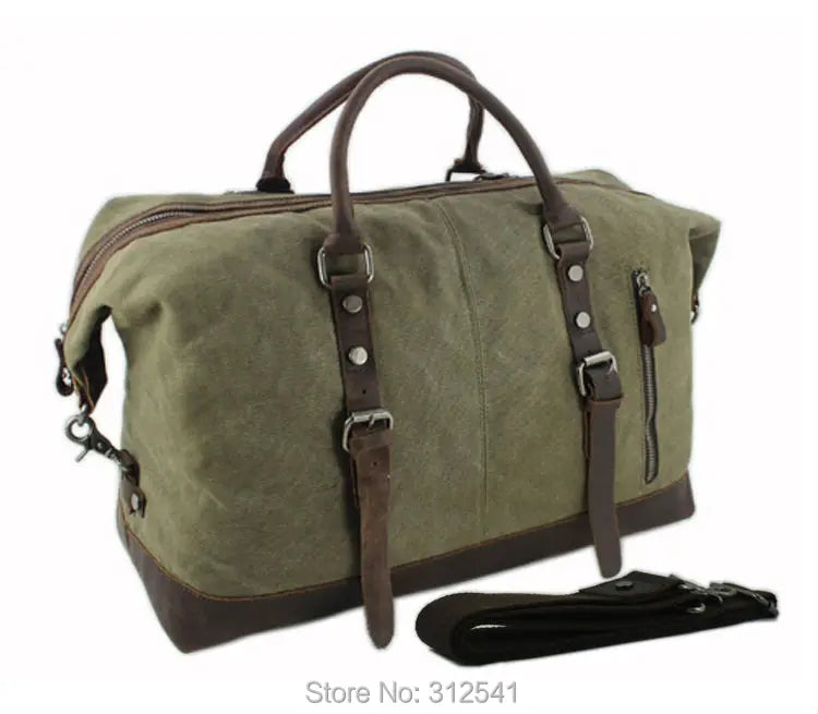 Vintage Military Canvas Leather Men's Travel Bag Large Weekend Overnight Duffel with Two Zipper Expansion Pockets - olympicfangear