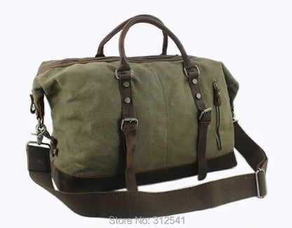 Vintage Military Canvas Leather Men's Travel Bag Large Weekend Overnight Duffel with Two Zipper Expansion Pockets - olympicfangear