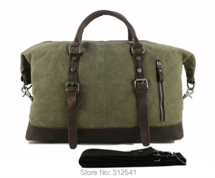 Vintage Military Canvas Leather Men's Travel Bag Large Weekend Overnight Duffel with Two Zipper Expansion Pockets - olympicfangear