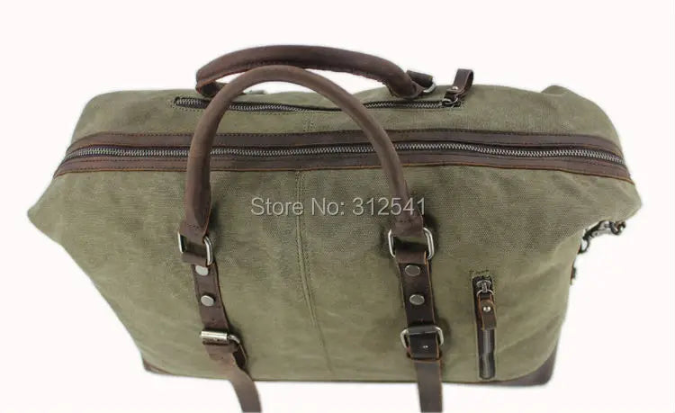 Vintage Military Canvas Leather Men's Travel Bag Large Weekend Overnight Duffel with Two Zipper Expansion Pockets - olympicfangear