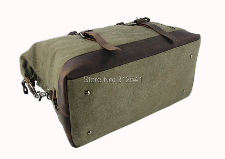 Vintage Military Canvas Leather Men's Travel Bag Large Weekend Overnight Duffel with Two Zipper Expansion Pockets - olympicfangear