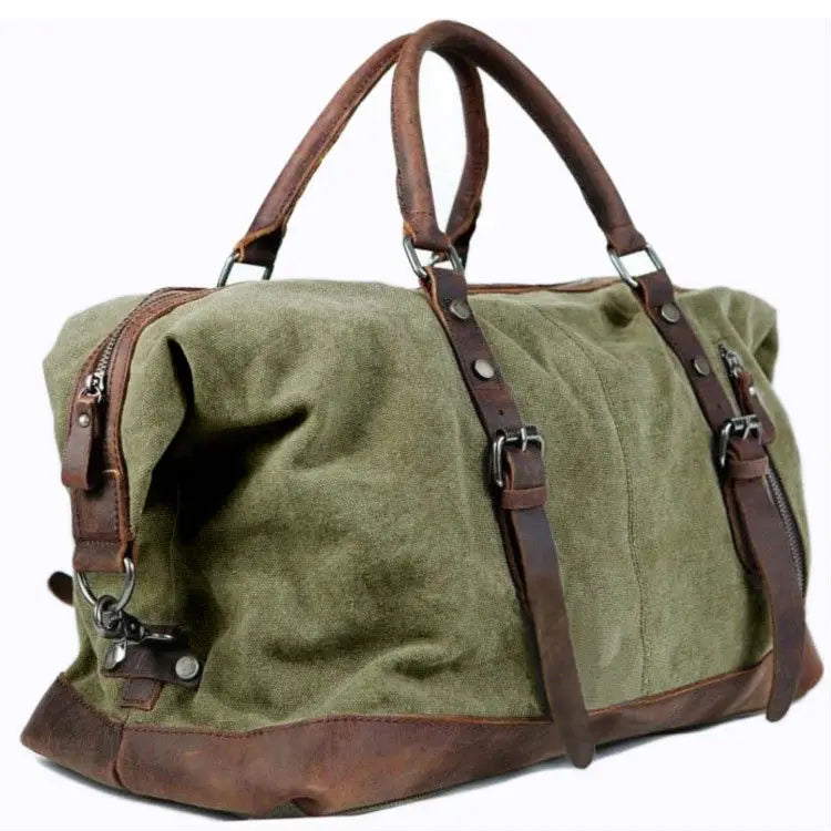 Vintage Military Canvas Leather Men's Travel Bag Large Weekend Overnight Duffel with Two Zipper Expansion Pockets - olympicfangear