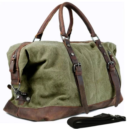 Vintage Military Canvas Leather Men's Travel Bag Large Weekend Overnight Duffel with Two Zipper Expansion Pockets - olympicfangear