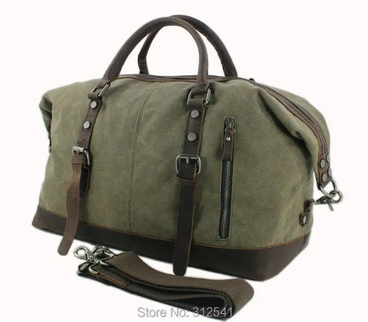 Vintage Military Canvas Leather Men's Travel Bag Large Weekend Overnight Duffel with Two Zipper Expansion Pockets - olympicfangear