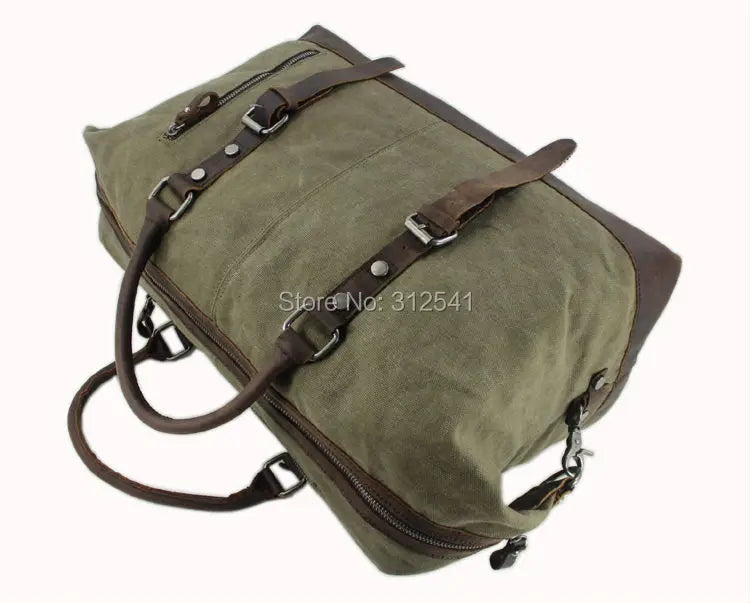 Vintage Military Canvas Leather Men's Travel Bag Large Weekend Overnight Duffel with Two Zipper Expansion Pockets - olympicfangear