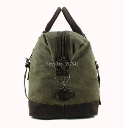 Vintage Military Canvas Leather Men's Travel Bag Large Weekend Overnight Duffel with Two Zipper Expansion Pockets - olympicfangear