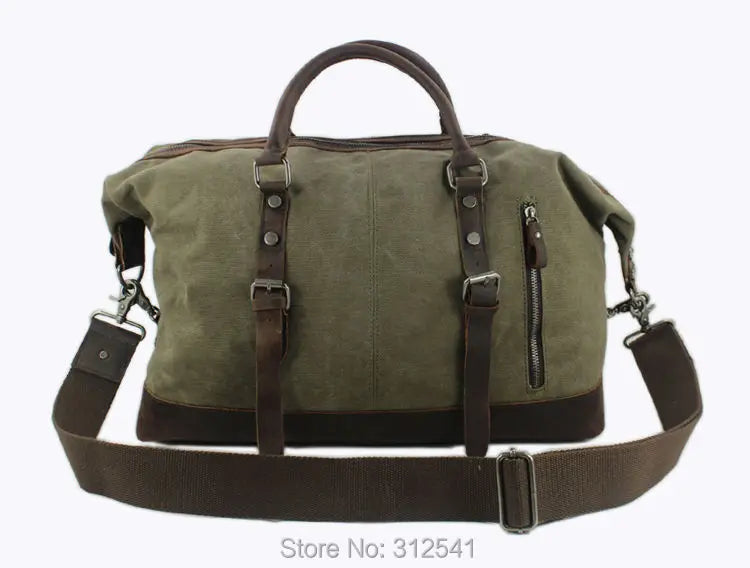 Vintage Military Canvas Leather Men's Travel Bag Large Weekend Overnight Duffel with Two Zipper Expansion Pockets - olympicfangear