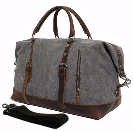 Vintage Military Canvas Leather Men's Travel Bag Large Weekend Overnight Duffel with Two Zipper Expansion Pockets - olympicfangear