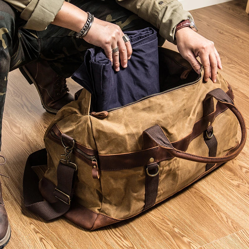 Genuine Leather Vintage Waxed Canvas Men's Travel Bag Large Duffel Weekend Overnight Carry-On Luggage - olympicfangear