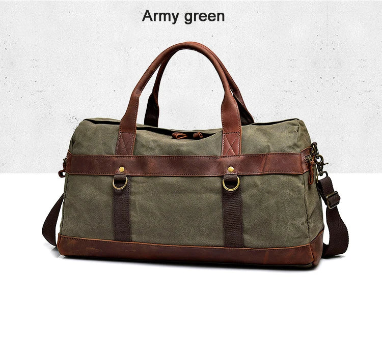 Genuine Leather Vintage Waxed Canvas Men's Travel Bag Large Duffel Weekend Overnight Carry-On Luggage - olympicfangear