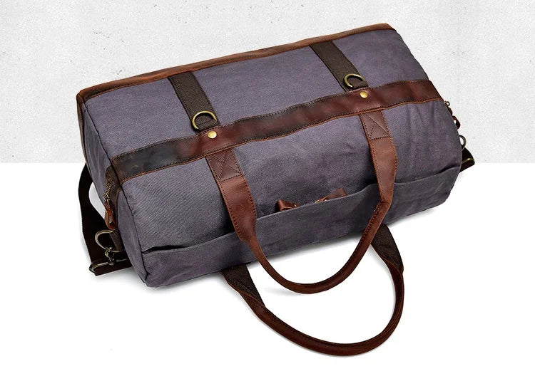 Genuine Leather Vintage Waxed Canvas Men's Travel Bag Large Duffel Weekend Overnight Carry-On Luggage - olympicfangear