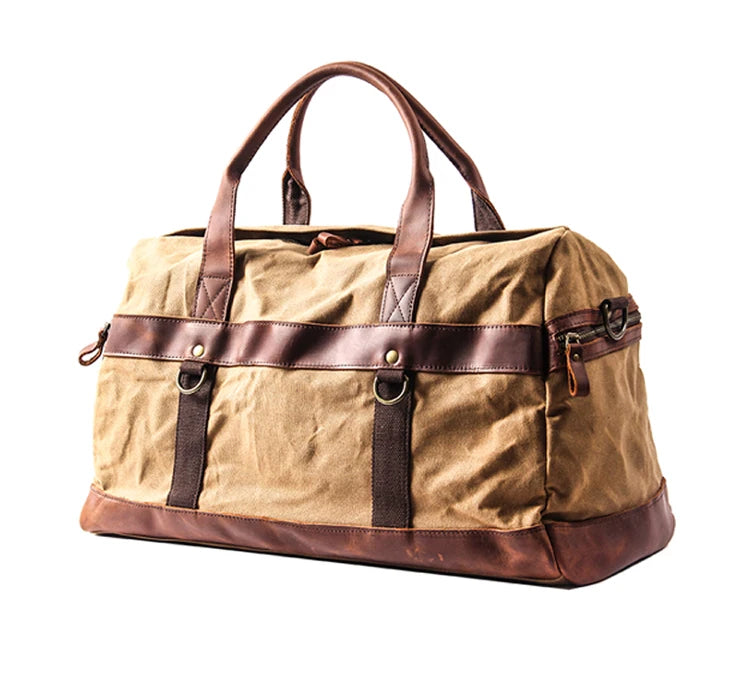 Genuine Leather Vintage Waxed Canvas Men's Travel Bag Large Duffel Weekend Overnight Carry-On Luggage - olympicfangear