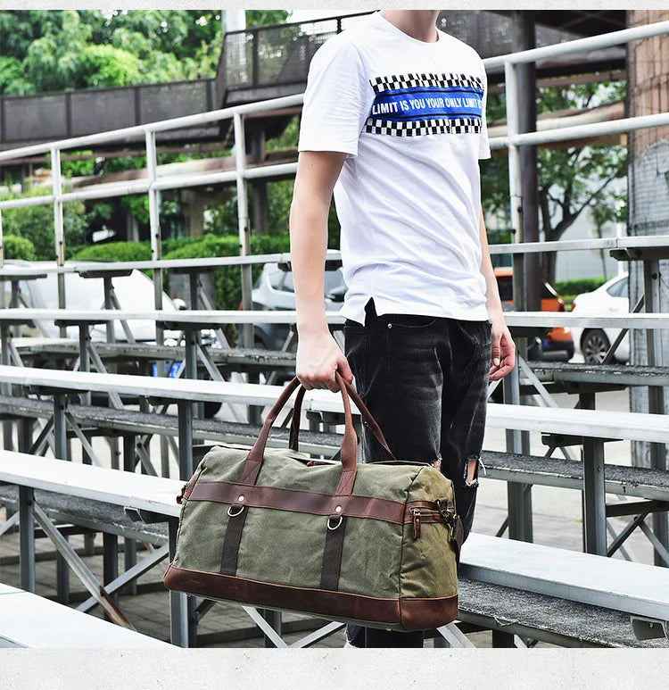 Genuine Leather Vintage Waxed Canvas Men's Travel Bag Large Duffel Weekend Overnight Carry-On Luggage - olympicfangear