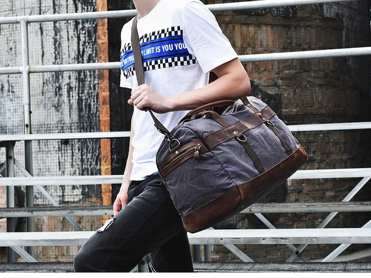 Genuine Leather Vintage Waxed Canvas Men's Travel Bag Large Duffel Weekend Overnight Carry-On Luggage - olympicfangear