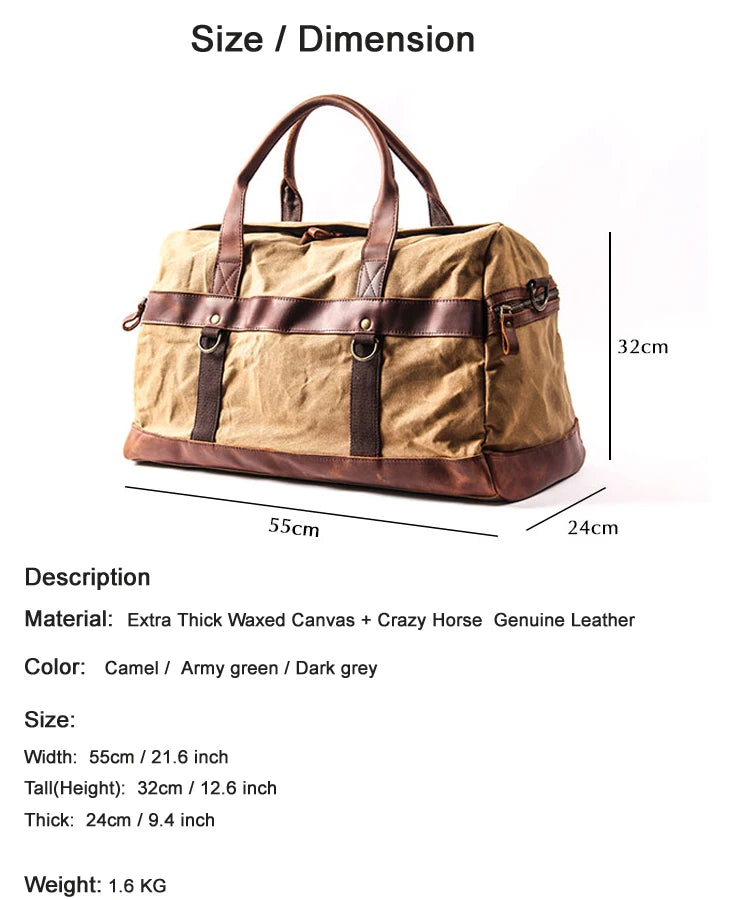 Genuine Leather Vintage Waxed Canvas Men's Travel Bag Large Duffel Weekend Overnight Carry-On Luggage - olympicfangear