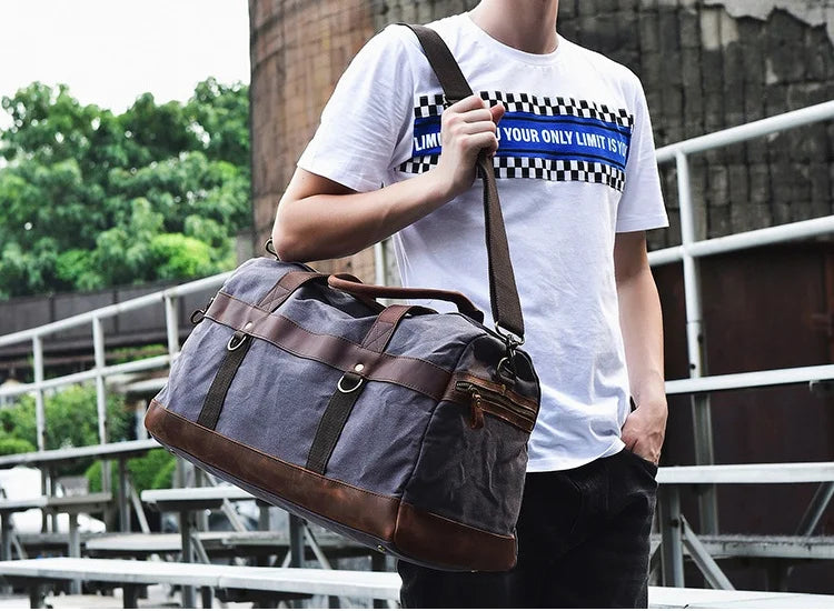 Genuine Leather Vintage Waxed Canvas Men's Travel Bag Large Duffel Weekend Overnight Carry-On Luggage - olympicfangear