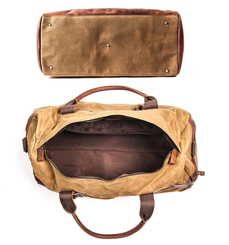 Genuine Leather Vintage Waxed Canvas Men's Travel Bag Large Duffel Weekend Overnight Carry-On Luggage - olympicfangear