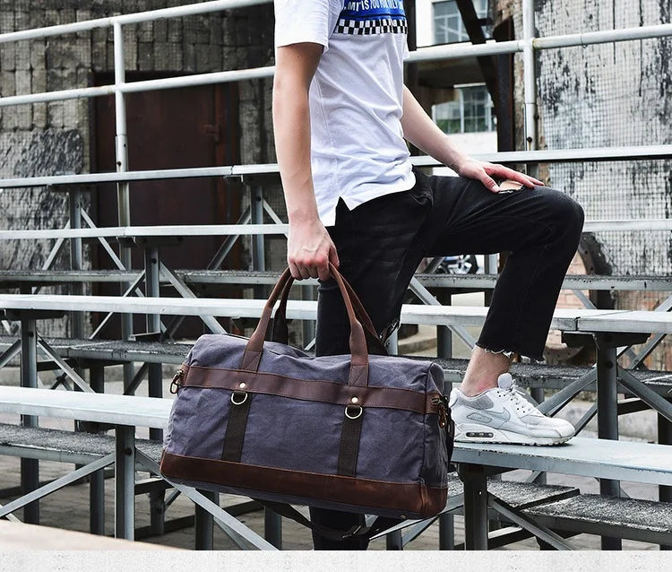 Genuine Leather Vintage Waxed Canvas Men's Travel Bag Large Duffel Weekend Overnight Carry-On Luggage - olympicfangear