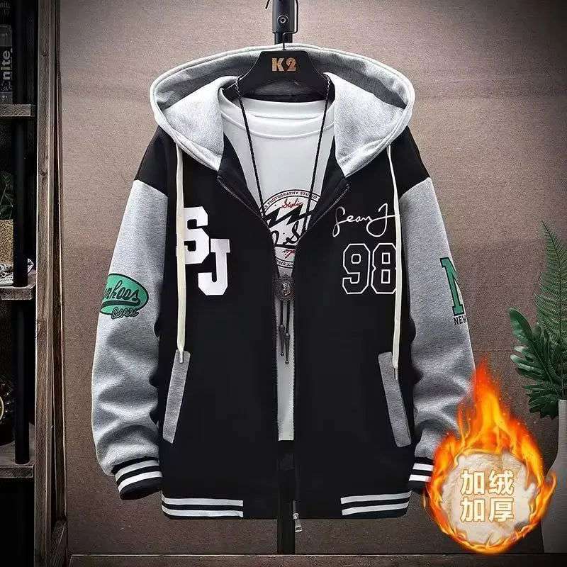 Men's Plush Hooded Pockets Cargo Jacket Men's Clothing Autumn Winter Japanese Fashion Loose Male Coat Hooded Baseball Jersey New - olympicfangear