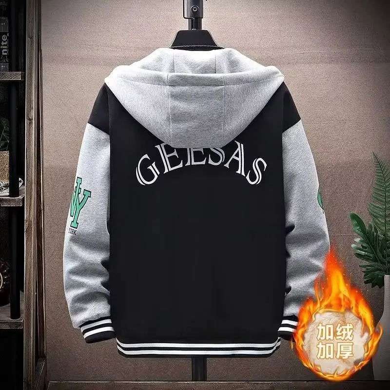 Men's Plush Hooded Pockets Cargo Jacket Men's Clothing Autumn Winter Japanese Fashion Loose Male Coat Hooded Baseball Jersey New - olympicfangear