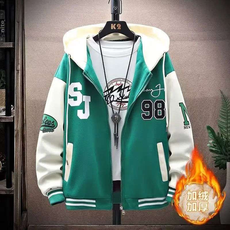 Men's Plush Hooded Pockets Cargo Jacket Men's Clothing Autumn Winter Japanese Fashion Loose Male Coat Hooded Baseball Jersey New - olympicfangear