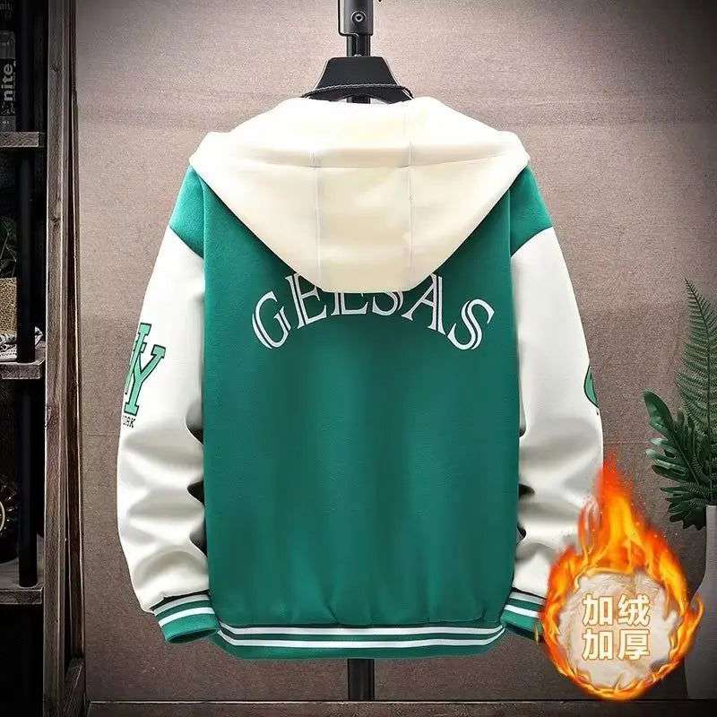 Men's Plush Hooded Pockets Cargo Jacket Men's Clothing Autumn Winter Japanese Fashion Loose Male Coat Hooded Baseball Jersey New - olympicfangear