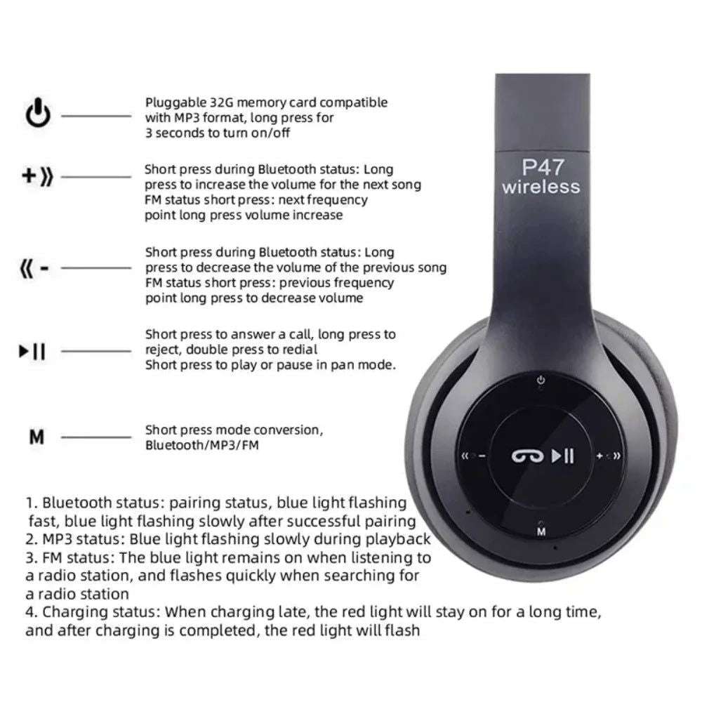 P47 Wireless Bluetooth Headphone With Microphone Foldable Headsets Bass HiFi Sound Music Stereo Earphone For Smartphones TV Game - olympicfangear