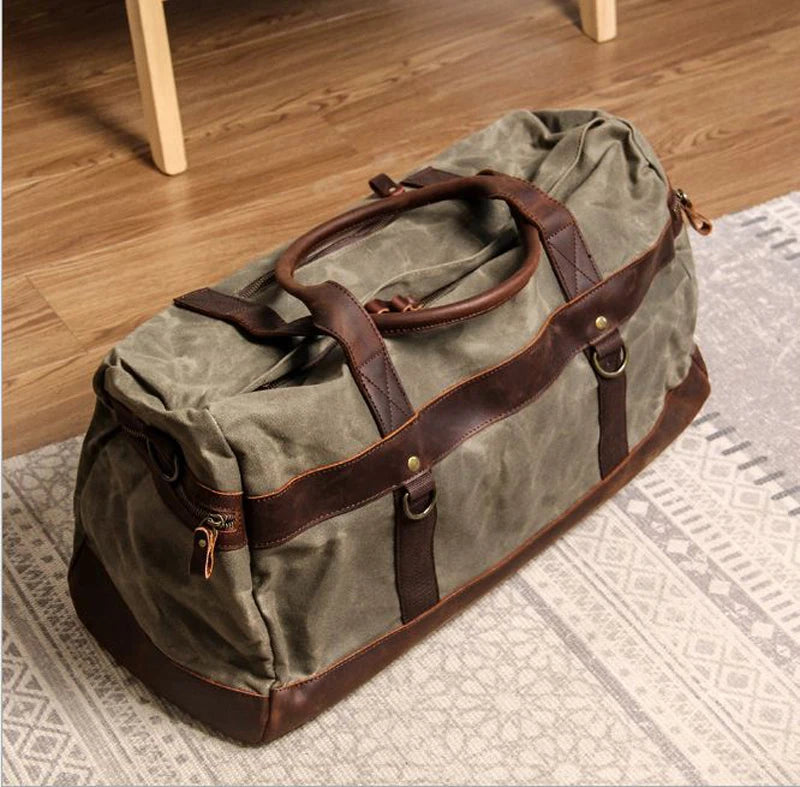 Genuine Leather Vintage Waxed Canvas Men's Travel Bag Large Duffel Weekend Overnight Carry-On Luggage