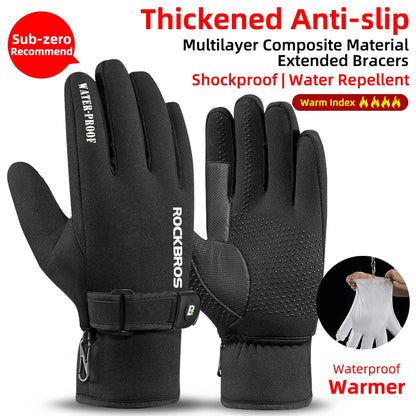 ROCKBROS Winter Fleece Thermal Gloves for Men Women Motorcycle Waterproof Snowboard Snowmobile Cycling - olympicfangear