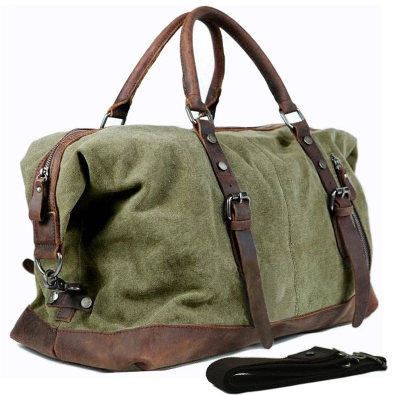 Vintage Military Canvas Leather Men's Travel Bag Large Weekend Overnight Duffel with Two Zipper Expansion Pockets - olympicfangear