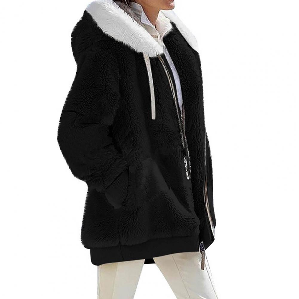 Loose plush black hooded jacket for women with a fur-lined collar, perfect for spring and autumn. Casual stylish outerwear.