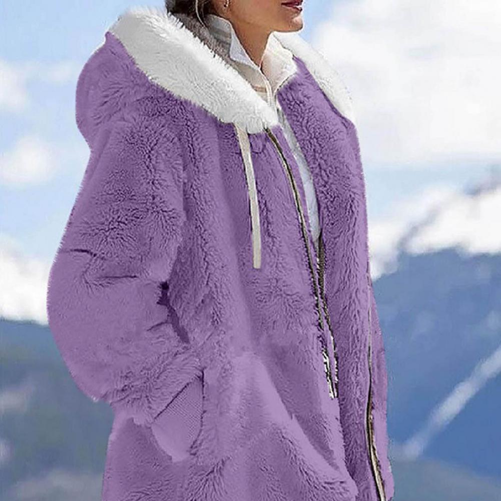 Loose plush hooded jacket for women, featuring full sleeves and a stylish faux fur collar in lavender. Perfect for casual wear.