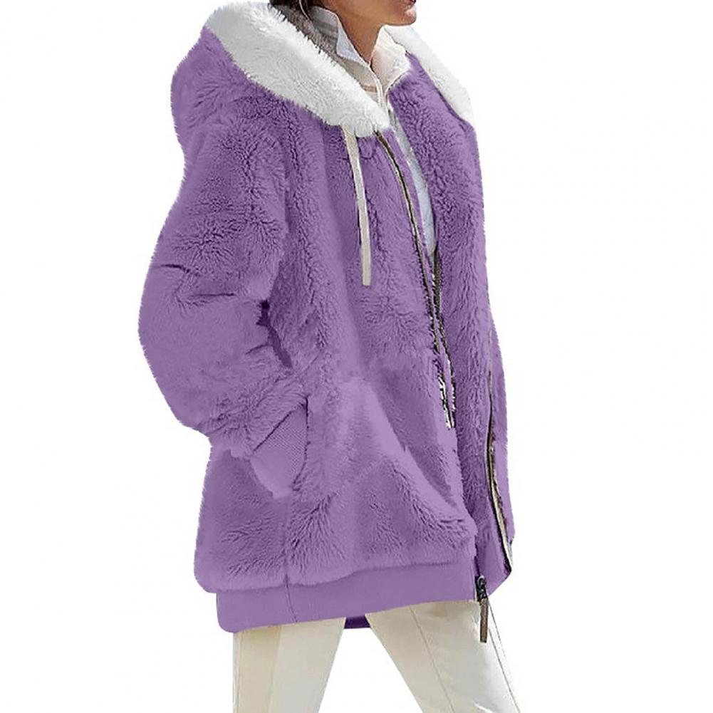 Loose plush purple hooded jacket for women, featuring a cozy design and full sleeves for casual wear in spring and autumn.