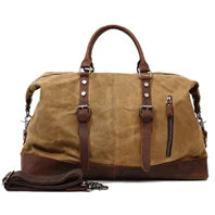 Genuine Leather Vintage Waxed Canvas Men's Travel Bag Large Duffel Weekend Overnight Carry-On Luggage