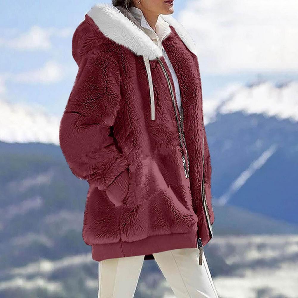 Loose plush hooded jacket for women in pink with a fur collar, perfect for spring, autumn, and winter outdoor wear.