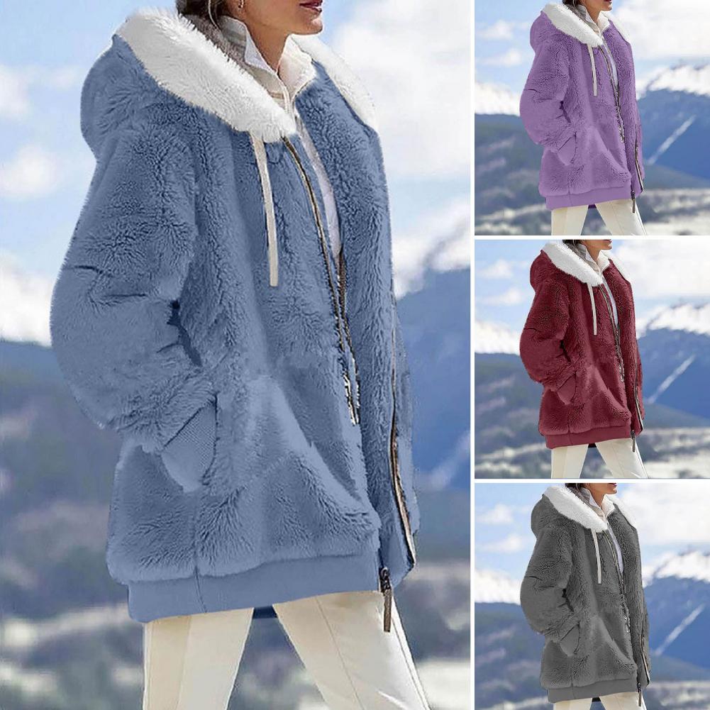 Loose plush zipper hooded jackets for women in various colors against a mountain backdrop. Perfect for spring, autumn, and winter.