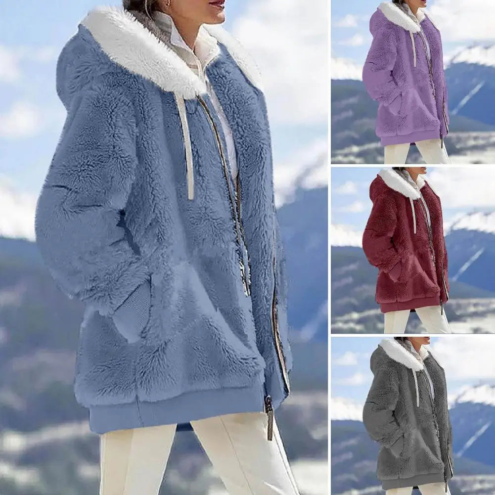 Loose plush hooded jacket for women in multiple colors, showcasing a cozy design perfect for spring and autumn wear.